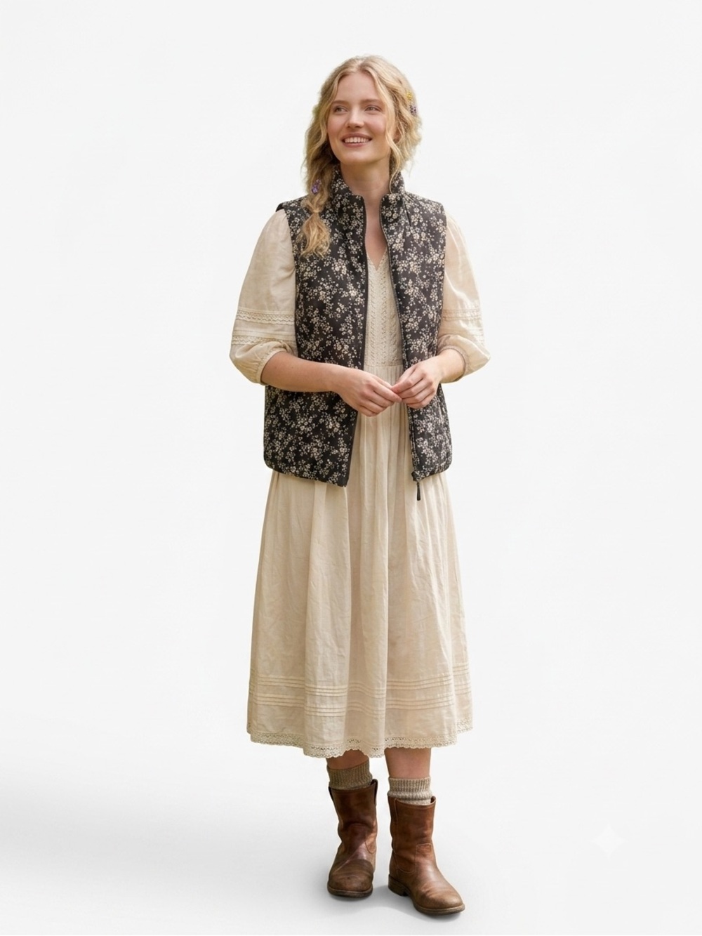 Staccato Black Floral Quilted Boho Vest – Zippered Size Large